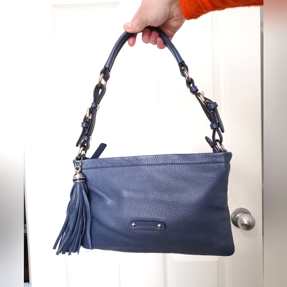 Danier Leather blue small handbag shoulder bag pebble grain tassel silver Purse
